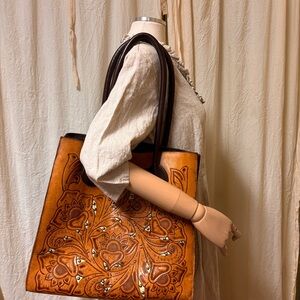 Overland tooled leather large shoulder tote bag